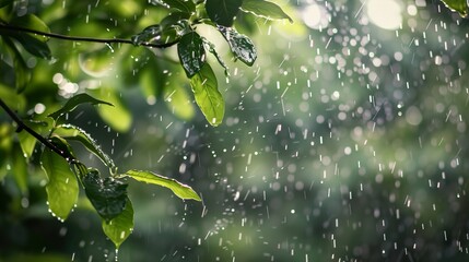 Poster - Rain Drops Falling on Green Leaves - Nature Photography