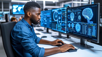 Focused professional working on laptop in a modern office