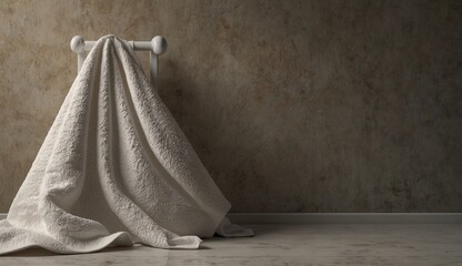 Soft beige blanket draped over the back of a white chair in room.