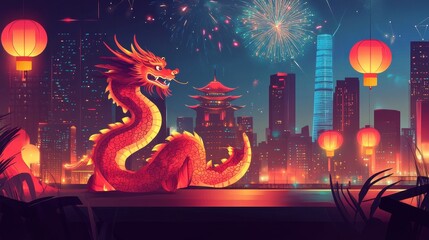 Red Dragon and Lanterns Over City Skyline with Fireworks