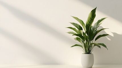 A potted Spathiphyllum plant stands solitary against a white backdrop. Its lush leaves fan out gracefully, creating a verdant oasis in the otherwise stark environment