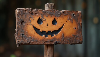 a sign board with Halloween pumpkin face shape on the background of a forest, made of wood, old and weathered plaque