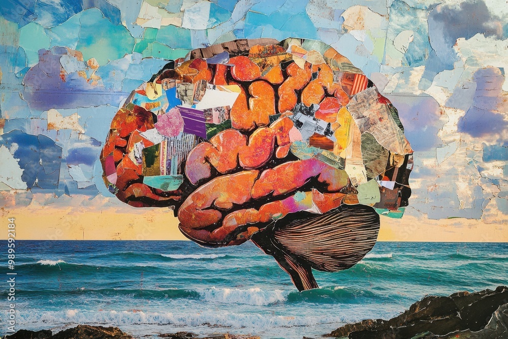 A collage of the brain, with an ocean and sky in the background ...