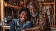 © fotofabrika - A grandfather and grandson share a joyful moment in a cozy workshop surrounded by tools and woodwork during the afternoon