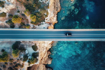 Aerial drone top view of black car driving on bridge asphalt road above the sea or ocean water coast. Summer tourism travel and transportation landscape, trip, rock, cliff