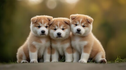 Adorable trio of fluffy Akita Inu puppies in nature, furry friends sitting together, cute canines concept