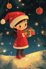 Wall Mural - Christmas girl in red dress holding gift in snowy winter night, festive holiday, Christmas cheer, family joy, seasonal celebration concept