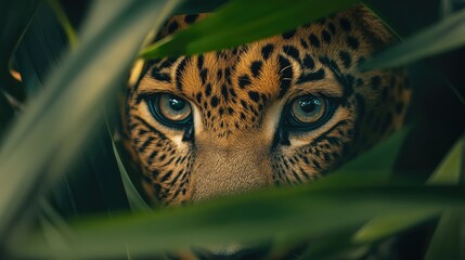 Leopard eye visible through narrow gaps in tropical plants, creating a natural frame.