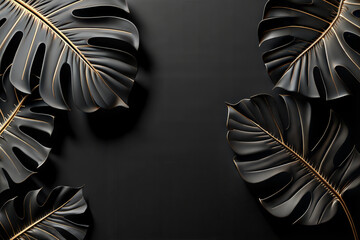 Modern metallic tropical leaves, black and gold, abstract nature background with copy space