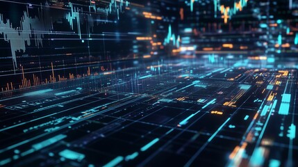 Poster - Abstract digital landscape with glowing lines and data visualizations representing analytics and technology