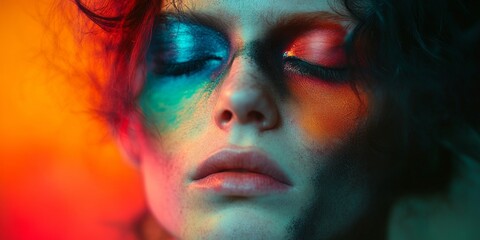 Creative makeup portrait, vibrant colors and intricate designs, soft focus background enhances artistic expression and individuality