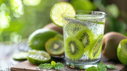 Refreshing kiwi and lime drink with chia seeds and mint