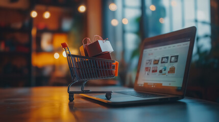 A miniature shopping cart standing in front of a laptop