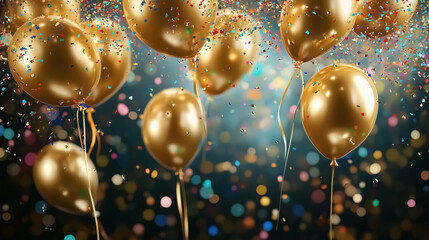 A celebration background featuring a shower of colorful confetti and shiny gold balloons