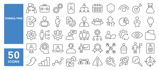 set of 50 line icons related to consulting, advisory, support, consultation, advice, management, eff