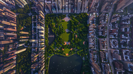 an aerial view of Central Park in New York City. The park’s lush greenery stands out against the surrounding urban skyline filled with tall buildings