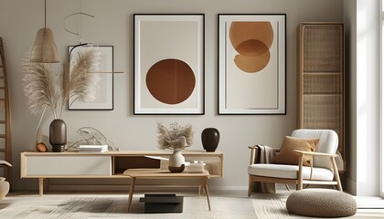 Wall Mural - Scandinavian Style Living Room with Poster Mockup and Modern Interior Design Elements