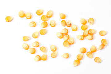 Poster - Many fresh corn kernels on white background, flat lay