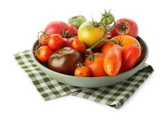 Wall Mural - Different ripe tomatoes in bowl isolated on white