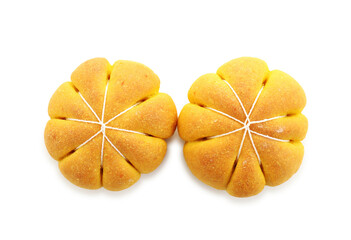 Wall Mural - Tasty pumpkin shaped buns isolated on white, top view