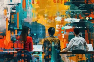 Poster - A group of people collaborating at a table with a laptop, great for team meetings or remote work