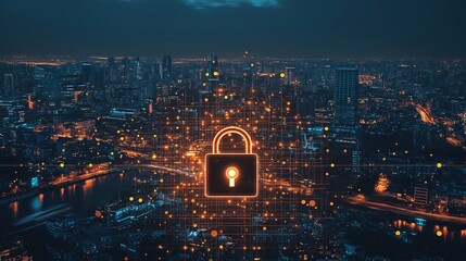 Poster - City Skyline Security Network Padlock