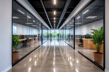 An office hallway with glass-walled meeting rooms, showing a modern, open office layout