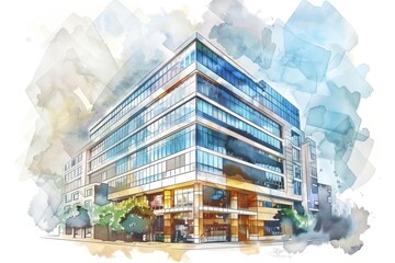 Poster - a detailed watercolor illustration of a contemporary office building, suitable for architectural or 