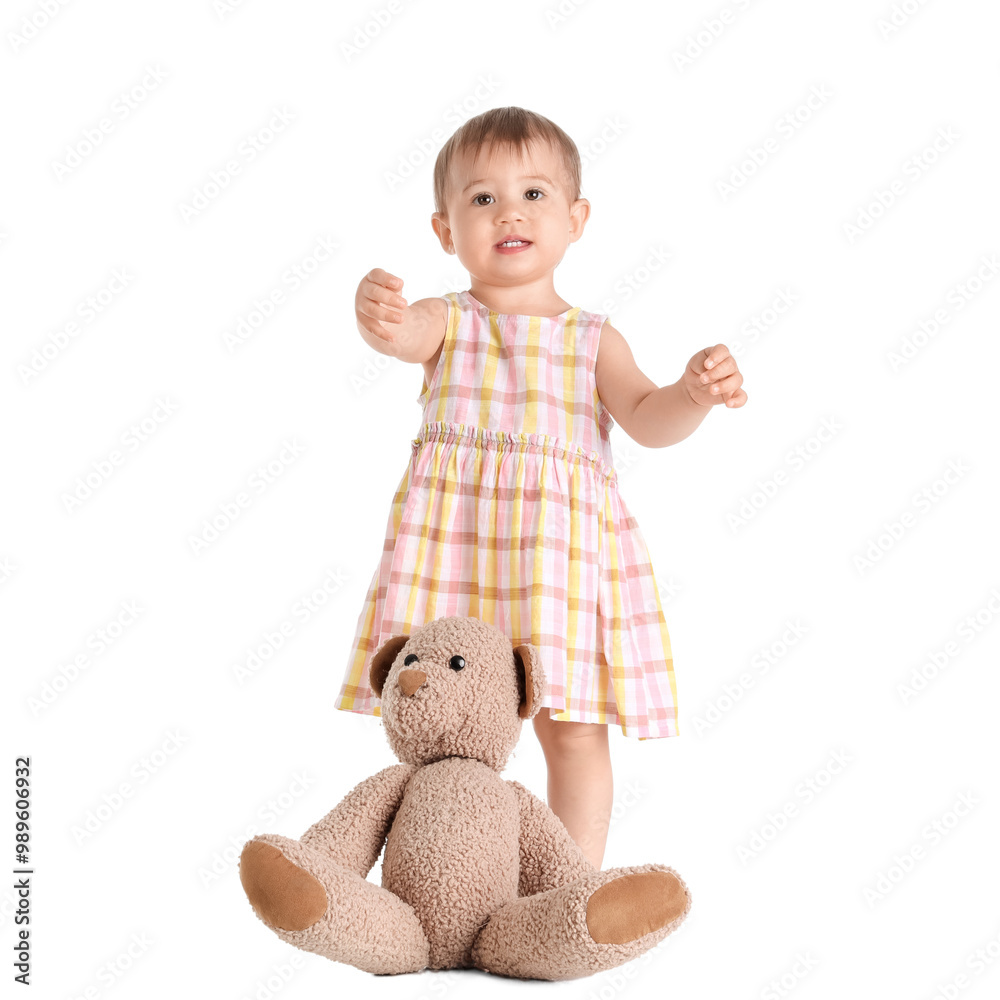 Cute baby with toy on white background