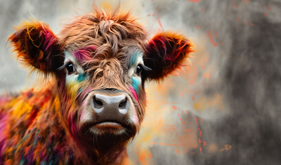 Wall Mural - Abstract highland cow head portrait, scottish highland cow from multicolored paints