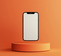 Wall Mural - Floating iPhone mockup with blank screen positioned on an orange platform for minimalist product design and marketing concepts