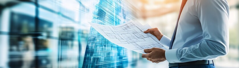 Poster - A business professional examines a document, surrounded by modern technology, showcasing innovation and strategic planning.