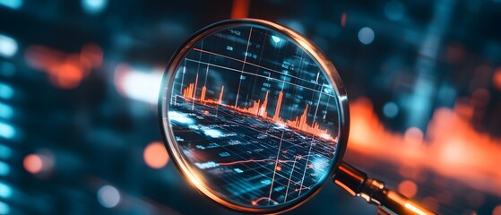Poster - Magnifying glass reveals data analysis with vibrant colors and futuristic elements, showcasing technology and innovation.