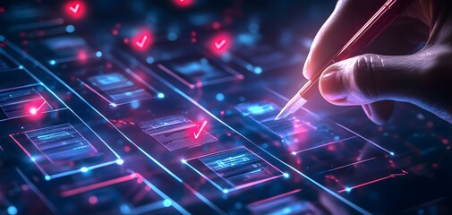 Poster - A hand interacts with a digital interface displaying checkboxes and glowing symbols, illustrating technology and verification.