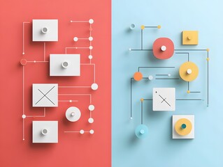 Poster - Abstract geometric layout with colorful shapes and white blocks on contrasting backgrounds, ideal for modern design themes.