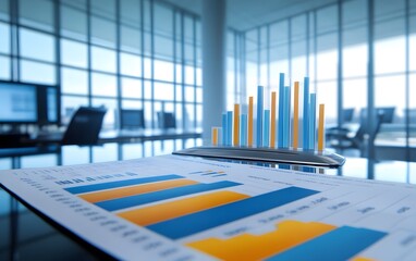 Fototapete - A modern office workspace featuring colorful charts and graphs, illustrating data analysis and business growth.