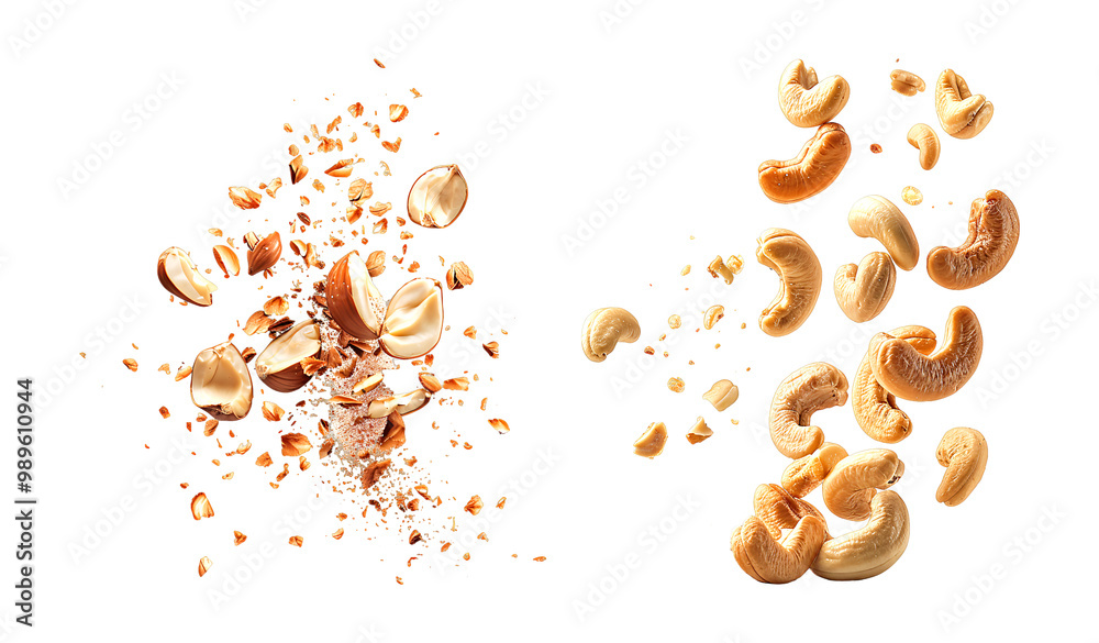 Exploded Hazelnut Hazelnuts and cashews dynamically scattered and exploding with a few ...