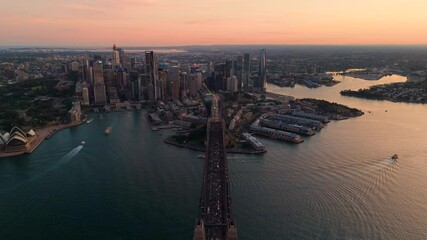 Canvas Print - Aerial drone view of Sydney City, the Sydney Harbour above Harbour Bridge, NSW Australia on a sunny late afternoon in September 2024