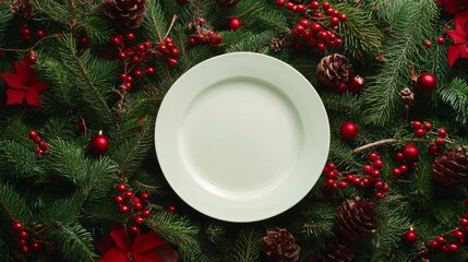 Wall Mural - Christmas dinner concept. Christmas plate on the table. Festive Xmas background