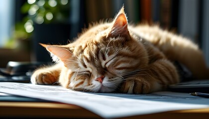 fat cat napping on office files with a hint of generative AI creativity