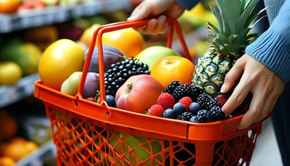 Wall Mural - vibrant close-up of a hand carrying a basket filled with fresh fruits in a bustling supermarket setting