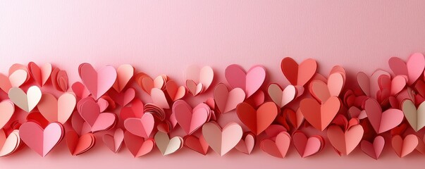 a vertical frame made of pink and red paper heart cutouts, symbolizing love and romance on a soft pi