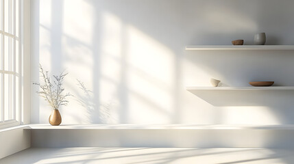 modern minimalistic cozy white home interior background white wall with shelves and design wall and floor sunlight beams from window and shadows white background with spotlights : Generative AI