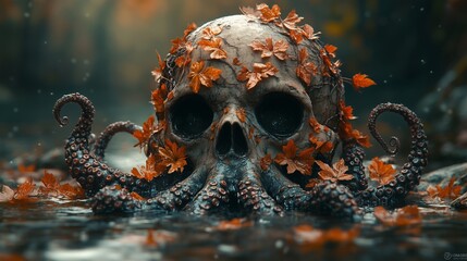 A skull with autumn leaves on it, in the water is an octopus made of vines and flowers, fantasy art style, hyper-realistic, digital painting, cinematic lighting, cinematic shot,