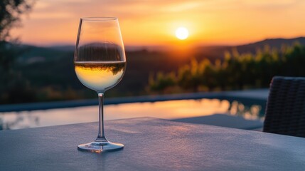 A tranquil moment of a glass of wine resting on a patio table, with a sunset view in the background, symbolizing relaxation and enjoyment.