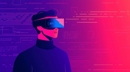 A futuristic illustration of a person wearing virtual reality goggles against a vibrant, digital background.