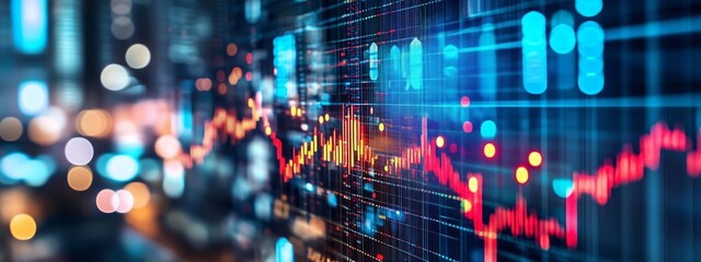 Poster - visual representation of stock market trends with digital graphs and city lights at night