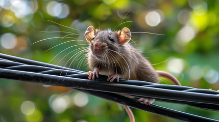 a close-up of a brown rat with prominent ears and long whiskers, gripping onto a bundle of black cables