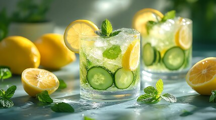 Wall Mural - Refreshing cucumber and lemon drinks garnished with mint, perfect for summer.