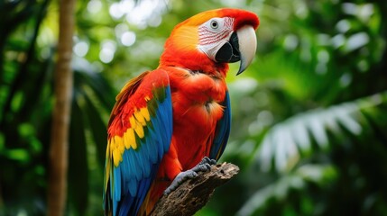 A close-up of a colorful parrot perched on a tropical branch, with lush greenery in the background, highlighting its striking feathers and playful nature.